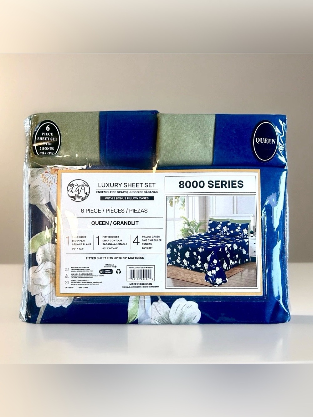 NEW 8000 Series Luxury Microfiber Queen 6Piece Sheet Set Deep Fitted Blue Floral
